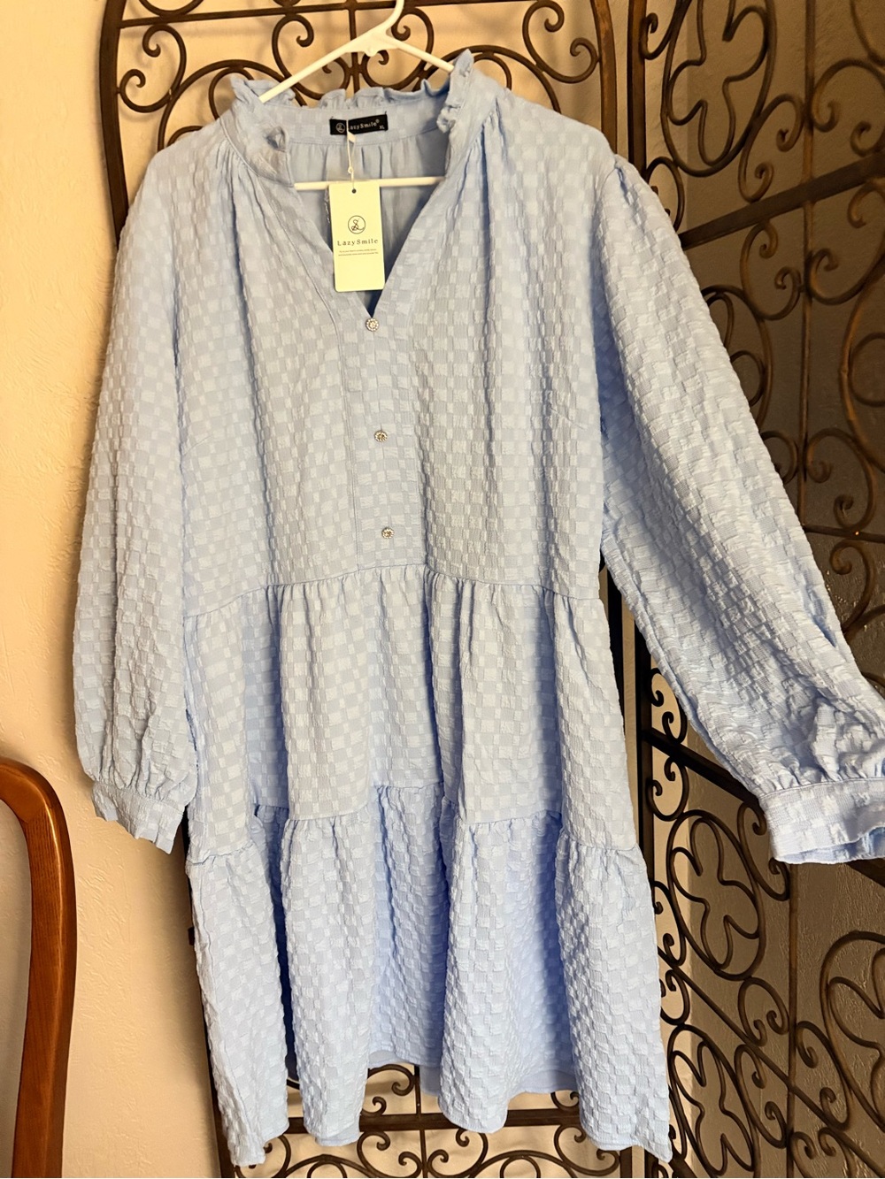 LazySmile woman's Long Sleeve Light Blue tiered Dress